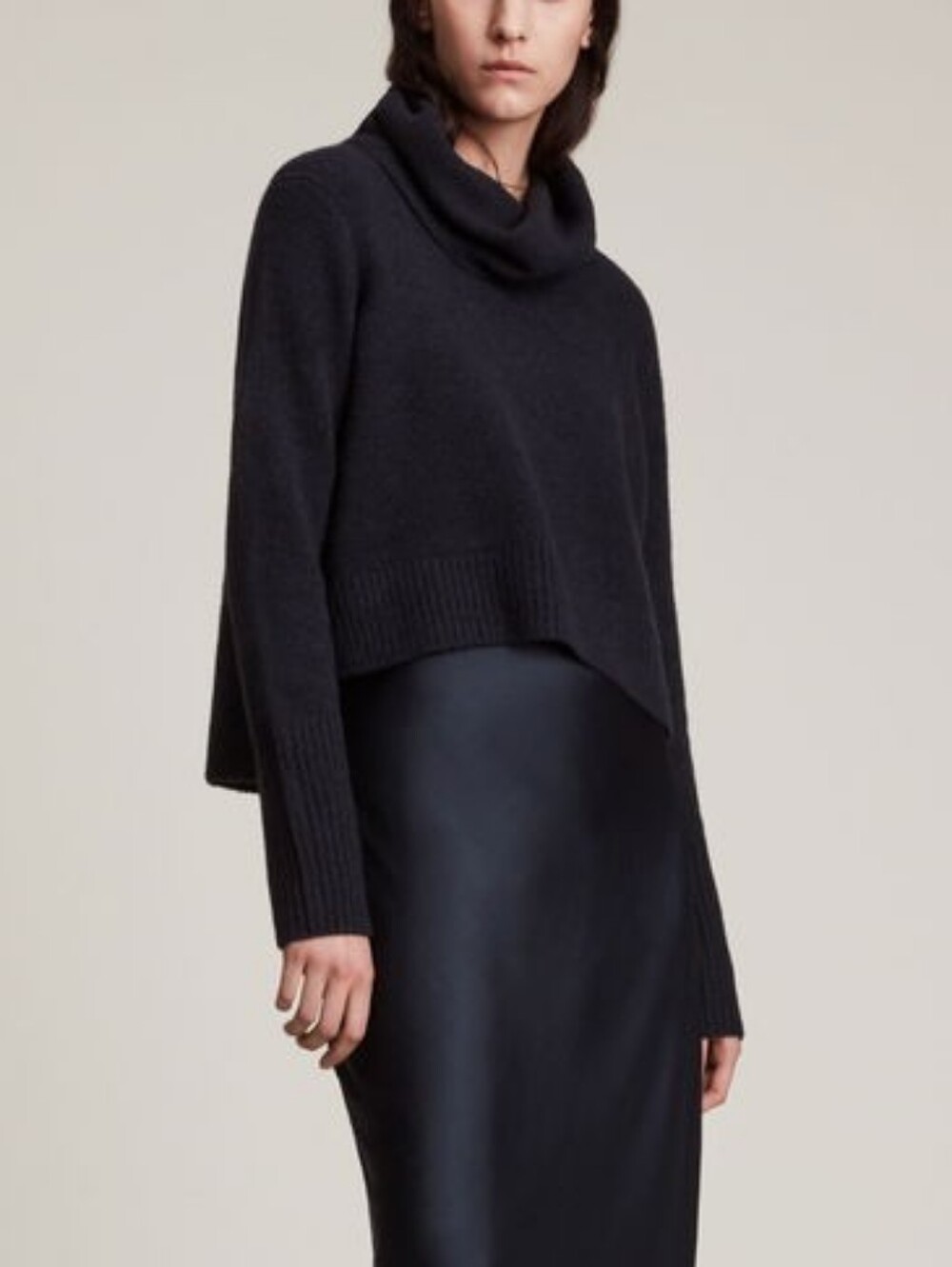 AllSaints Tierney Roll Neck Black Cropped Cowl Neck Wool Sweater